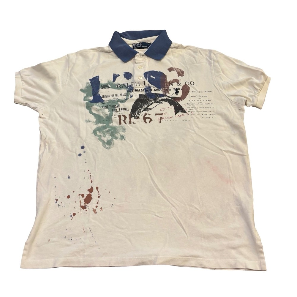 Polo Ralph Lauren Mens Fishing Graphic Paint Splatter Polo Shirt White XL - Picture 2 of 7